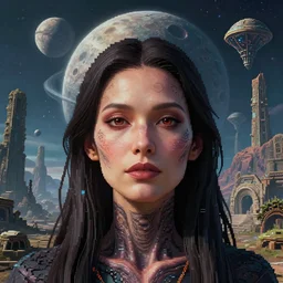 full - face close - up portrait, your mom is a cosmic horror celestial cosmic lovecraft monster by bruce brenneise and peter mohrbacher, ancient alien ruins in background, large exoplanet in the sky, alien planet with craters and mountains and large structures, alien weapons, 3 d render, neosurrealism. digital concept art, pixel art, rendered in octane, trending on cgsociety, trending on artstation