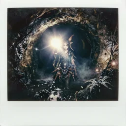 an ancient evil - girl daemon on an underground sewer with toxic waste all around and black water, tiny spiders an insects, black and white 1 9 5 0 polaroid photography with flash light, grainy film, flash light, dramatic light, volumetric light, mist