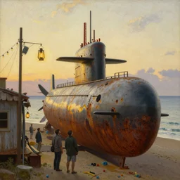 looking up, painting by dean cornwell, ilya repin, nc wyeth painting, ultra wide, vanishing point, 3 d perspective, beached submarine, award winning, up close, climbing, beaching, rust, golden hour, junk town, lanterns, makeshift house, lightbulb festoon lights, telephone pole