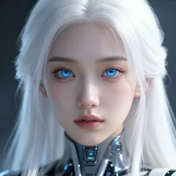 detailed portrait of perfect white haired girl, android, beautiful, pretty face, blue cyborg eyes, innocent, scifi, 4 k, sun yunjoo, ultra realistic, aura of light, cinematic lighting, highly detailed, sharp focus, artstation, masterpiece, art by hyungjin yang