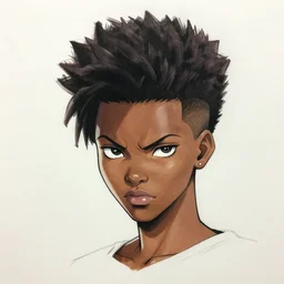key anime visual sketch of a stern and serious african - american woman with spiky anime hairstyle, side buzz cut hair, concept modern anime art