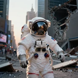 american white spacesuit astronaut with oversized helmet in postapocalyptic abandoned destroyed times square, destroyed buildings, 4 0 0 mm, bokeh, sunrise, by steve mccurry, by nasa