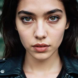 photograph of a young woman from costa rica wearing leather jacket, 9 0 s goth, dof, sharp focus, highly detailed face, symmetric face, realistic iris, cinestill 8 0 0 t, photography by paolo roversi