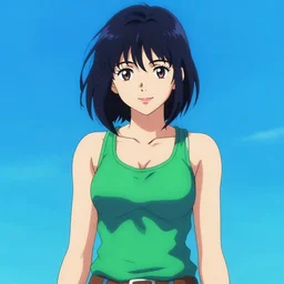 attractive girl, wearing a tanktop, in the style of greg rutkowski, anime artstyle, intricate, blue and green colors