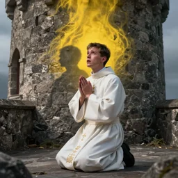 A terrified young catholic priest kneeled in passionate prayer at the summit of a medieval tower. Eyes are wide open with fear. Dressed in white. An ominous yellow shadow is descending upon him. Close-up shot from above, 4K photograph, 85mm sigma