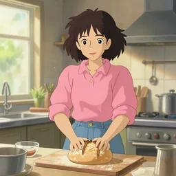 portrait of a woman with dark curly hair in a pink shirt and high-rise jeans making sourdough in sunlit kitchen, hyper detailed, by studio ghibli