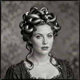 a victorian age realistic photo of a woman like Pamela Anderson with intricate ornament snakes like hair, dagherrotype, wallpaper, hyper realistic, hyper detailed