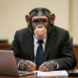 chimpanzee wearing a suit and tie, ready for a meeting