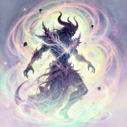 side profile, chaotic demon god of destruction, gloomhaven, luminescent, colorful swirly magic ripples, pastel colors, by greg manchess, huang guangjian, gil elvgren, sachin teng, greg rutkowski, jesper ejsing, ilya kuvshinov