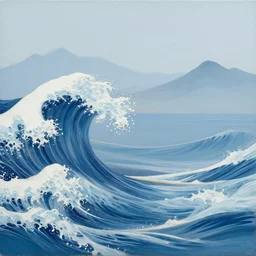 a painting of waves in the ocean with mountains in the background, a woodcut by utagawa hiroshige ii, pixiv, ukiyo - e, ukiyo - e, vaporwave, woodcut
