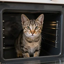 a tabby kitten inside a kitchen oven looking at camera, close up