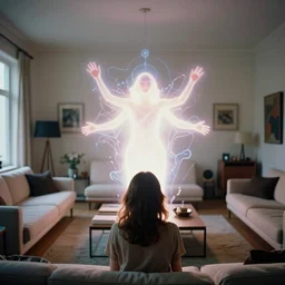 photograph of strange presence radiating esoteric energy in modernist living room, crisp focus, backlit woman in foreground, highly detailed, in george hardie style, 3 5 mm ektachrome