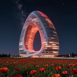 building by moshe safdie, cosmic at dawn lightpaint dramatic lighting universe at summer poppy water retrowave at night, archdaily, wallpaper, highly detailed, trending on artstation.