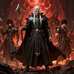 complex 3 d render hyper realistic full length illustration of a handsome! powerful white haired necromancer, d & d, medieval fantasy, epic scene, dante's inferno, symmetrical, art by takeshi obata + billelis + hirohiko araki
