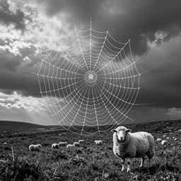 one-line art grafic the  a spider web as shape-sheep, grey scale