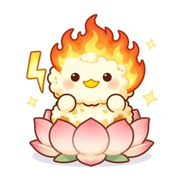 kawaii wacky fluffy popcorn with lightning bolt power, yokai, in the style of a mamashiba, with a yellow beak, with a smiling face and flames for hair, sitting on a lotus flower, white background, simple, clean composition, symmetrical