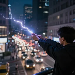 a person shooting lightning from their hands in a busy city