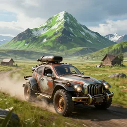 a post apocalyptic steampunk car driving through the prairie, fantasy artwork, nordic scenery, snowy green mountain, hd, hdr, ue 5, ue 6, unreal engine 5, cinematic 4 k wallpaper, 8 k, ultra detailed, high resolution, artstation, award winning
