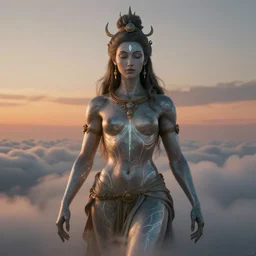 biblical beautiful female druid android, shiva, glowing veins, in clouds, sunset, portrait by wayne barlowe, by peter elson, muted colors, by frank frazetta, extreme detail, reflections, trending on artstation, 8 k