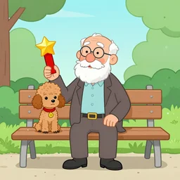 old man sitting on a bench with a poodle, award winning cartoon