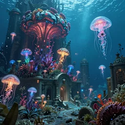 high quality photo of cinematic underwater dystopian byzantine city ruins with giant bioluminescent colorful mutant plants and cyborg jellyfish, digital art masterpiece, aykut aydogdu eric zener, very dramatic volumetric light, long shot, ground angle uhd 8 k, deep focus