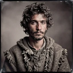 Daguerreotype of a homeless man in shaggy clothes, classical portrait