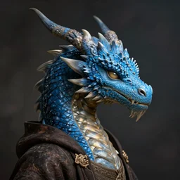 head and shoulders portrait of a medieval d & d fantasy anthropomorphic blue dragon - headed sorcerer, d & d rulebook cover art by jeff easley, hr giger, and frank miller
