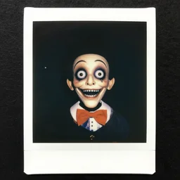 A highly detailed head and shoulders masterpiece eerie color polaroid of a ventriloquist horror, scary, terrifying, horrific, nighttime, dimly lit, creepy hd 4k