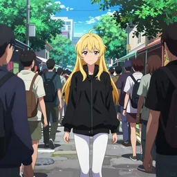 blonde - haired princess, anime princess, wearing black jacket and white leggings, looking through crowd, town street, festival street, trees, green trees, blue lighting, blue sunshine, strong lighting, strong shadows, vivid hues, ultra - realistic, sharp details, subsurface scattering, intricate details, hd anime, 2 0 1 9 anime