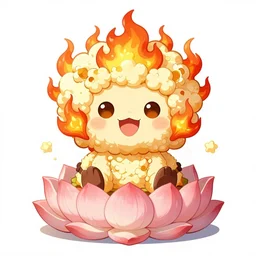 fluffy exploding popcorn elemental spirit, in the style of a manga character, with a smiling face and flames for hair, sitting on a lotus flower, clean composition, symmetrical