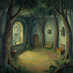 foresty POINT PERSPECTIVE DUNGEON nightjar ROOM, painted by Edward Gorey and Moebius and Greg Rutkowski and Paul Wenzel and George Barr and Stephen Youll,trending on artstation, iridescent cool blue and cyan and red and blue and yellow and green lighting front view futuresynth , outrun , vibrant colors, Sabattier filter , Watercolor