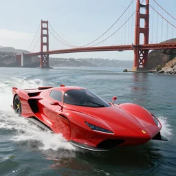 concpet art featuring a futuristic red speedboat designed in the style of ferrari at golden gate park. bridge in background. fine detail. surf. this 4 k hd image is trending on artstation, featured on behance, well - rendered, extra crisp, features intricate detail, epic composition and the style of unreal engine.