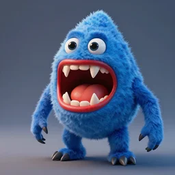 blue creature with fur, a trianguar head, huge bright red lips, long sharp teeth, beady black eyes, spindly limbs, photorealistic, 3 d model, unreal engine, 4 k, artstation, trending