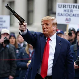a photo of donald trump with a gun in a protest
