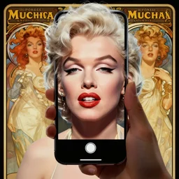 hyperrealist portrait of marilyn monroe using a smartphone. by jeremy mann and alphonse mucha, fantasy art, photo realistic, dynamic lighting, artstation, poster, volumetric lighting, very detailed faces, 4 k, award winning