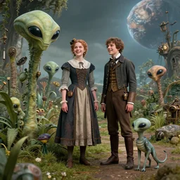 detailed, sharp, a girl and a boy standing next to some alien plants, looking happy, wearing 1850s era clothes, their small pet alien creature is standing nearby, in a park on an alien planet, steampunk, extremely highly detailed, hyperrealistic, still from a period sci fi movie, 8k, HD, good lighting