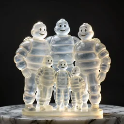 translucent glass alabaster sculpture of the Bibendum family portrait, backlight, Michelin Man family portrait, luminescence, sculpture, photograph, studio lighting, product photography, while marble, figurine, unreal engine, cryengine, ambient occlusion