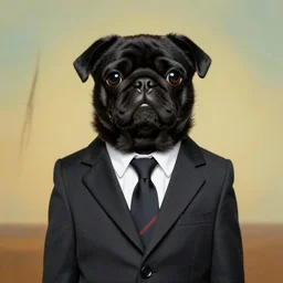 a surrealist portrait of black pugalier dog wearing suit and tie, surreal background, by salvador dali