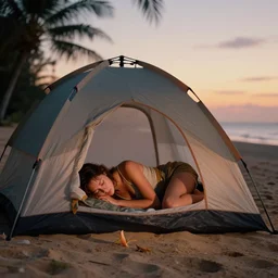 evangeline lily sleeping in a tent on a tropical beach, lost ( 2 0 0 4 ), sundown, cinematic