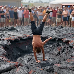 a man does cartweels across a lava pit while a crowd of eyeballs cheer him with a tv drew filming