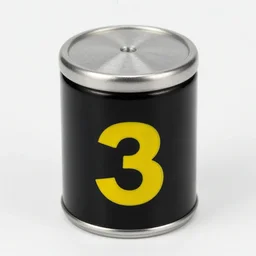 Product photo of a black metallic cylinder capped with silver, the letter 3 is painted in yellow on the cylinder