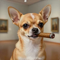 museum painting, chihuahua with a cigar, sharp focus, highly detailed, digital art, matte painting, masterpiece, by artgerm, by greg rutkowski