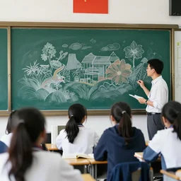 many people busy talking do not notice the beautiful drawing on the blackboard in class