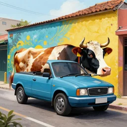 cow driving a car, street art style, 4 k