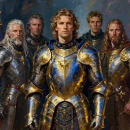 portrait of a human male paladin wearing plate armour of gold and blue. oath of glory. fantasy concept art. moody epic painting by james gurney, greg rutkowski, charlie bowater, giger, maxim verehin and alphonso mucha. artstationhq. painting with vivid color. ( dragon age, witcher 3, lotr )
