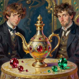 genie, djinn, smoking bottle, rubies, emeralds, table, greg rutkowski, john singer sargent, anime, trending on artstation, oil painting, intricate