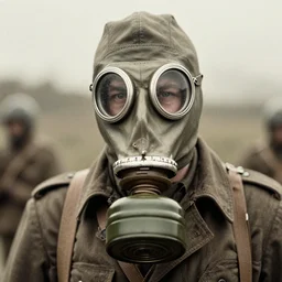 a man in hooded gas mask, ww1 film photo, grainy, high detail, high resolution