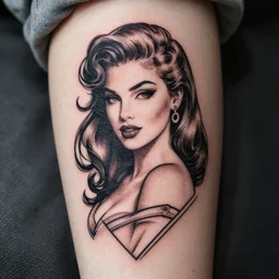 handpoke tattoo of a woman, pinup, stick poke, lineart