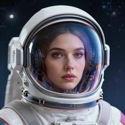 retrofuturistic portrait of a woman in astronaut helmet, reflective gradient to transparent visor, space graphics art in background, close up, quint buchholz, wlop, dan mumford, artgerm, liam brazier, peter mohrbacher, raw, featured on artstation, octane render, cinematic, elegant, intricate, 8 k