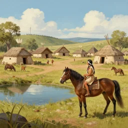a beautiful matte painting of a native american village, a beautiful woman leads a horse to a nearby pond, artstation, by greg rutkowski